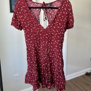 Burgundy Floral Short Sleeve V-Neck Dress